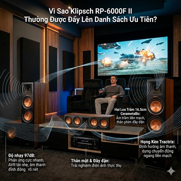 Mẫu loa cột Klipsch RP-6000F II chính hãng phù hợp dàn xem phim tại gia nhờ độ nhạy cao và hiệu ứng rõ nét